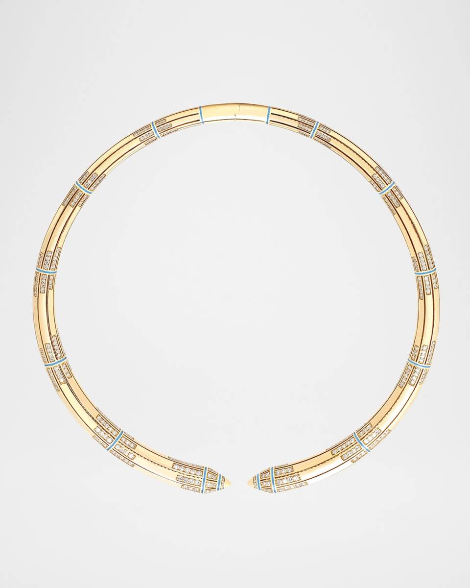 18K Yellow Gold Woven Choker Necklace with Turquoise HyCeram and Diamonds